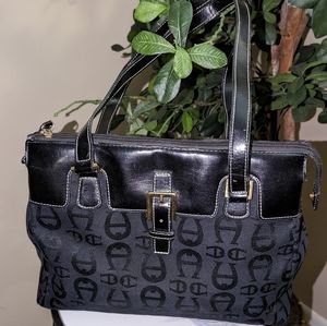 Etienne Aigner Black Monogram Shoulder Bag with Gold Tone Buckle